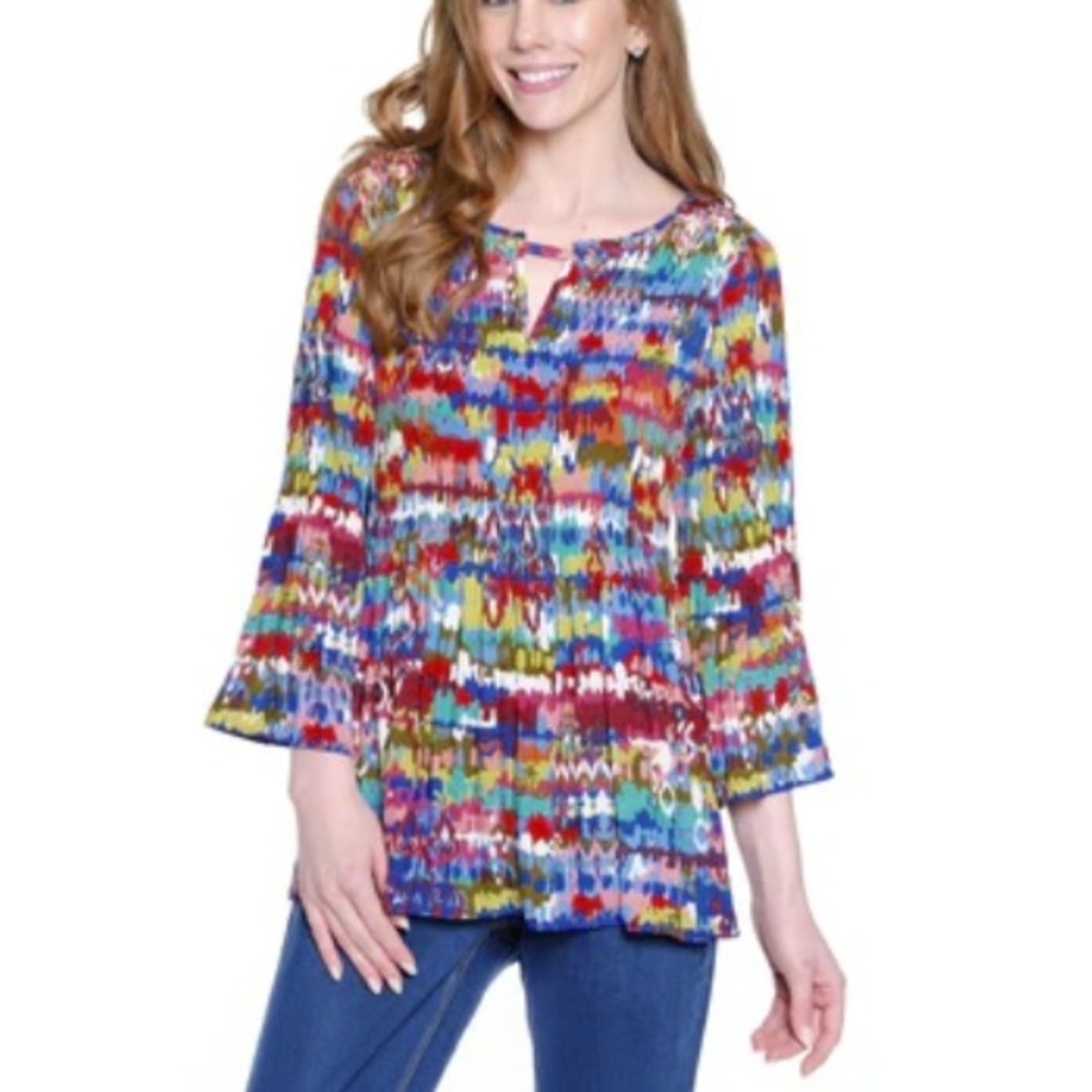 Ali Miles Blouse Large‎ Petite Multi Color Abstract Pleated Ruffle Feminine